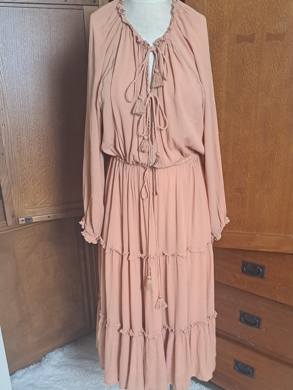 Dress Forum For Good Tiered Boho Midi Dress Terracotta Peach Ruffle Tier L